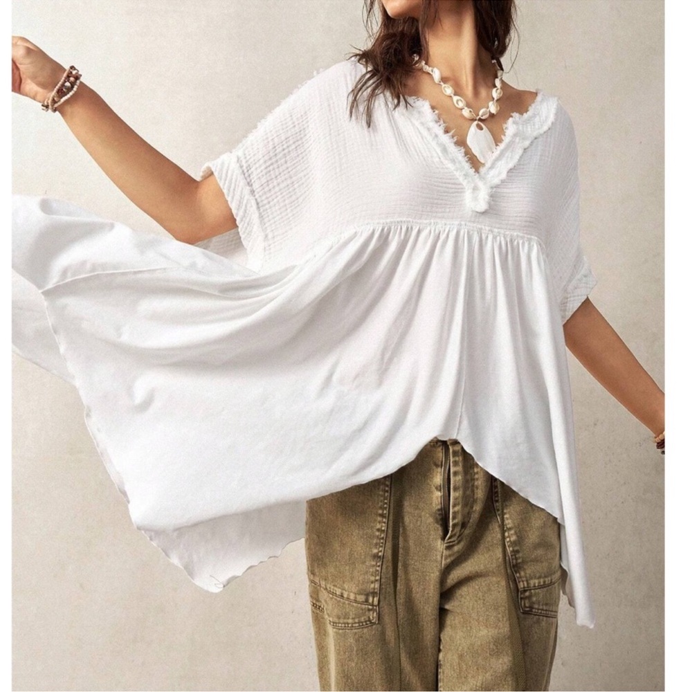 Solid Notched Neck High Low Asymmetrical Hem Over… - image 1